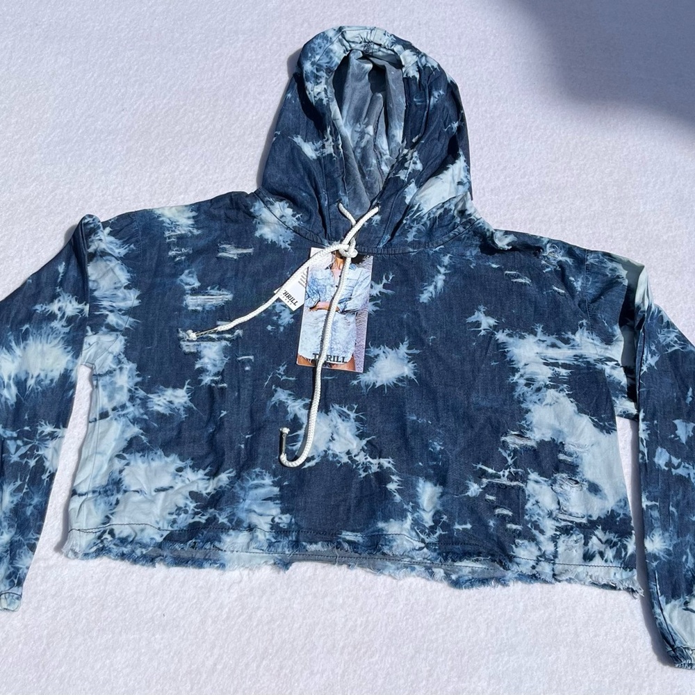 Thrill Jeans Tie Dye Hoodie Pullover Crop Distressed Long Sleeve TOP Size M NWT